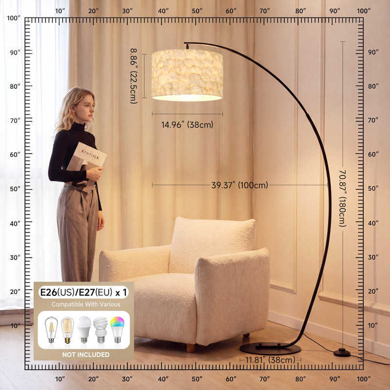 Lampe sur pied à arc moderne avec abat-jour coquillage naturel - lampe sur pied réglable à 180 °