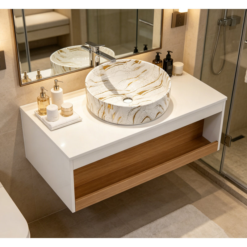Meuble-lavabo flottant de 36 po avec lavabo vasque en marbre veiné doré, meuble-lavabo mural avec tablette ouverte, finition blanche avec décor en bois, conception moderne peu encombrante (livré en 2 boîtes)