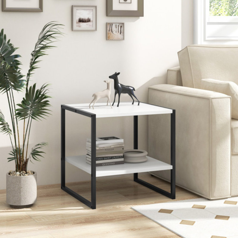 Table de bout carrée à 2 niveaux avec tablette de rangement réversible