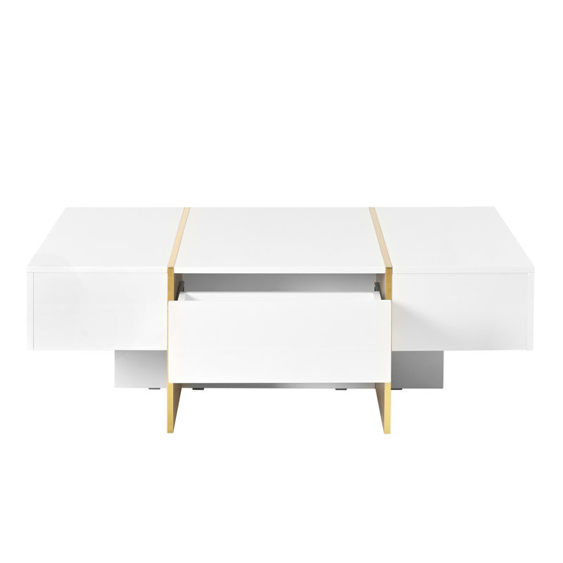 47.2'' x 31.4''Minimalist High Gloss Coffee Table with 2 Drawers, Multi-Storage Rectangle Sofa Table with Wood Grain Legs, Modern Centre Table for Living Room, 