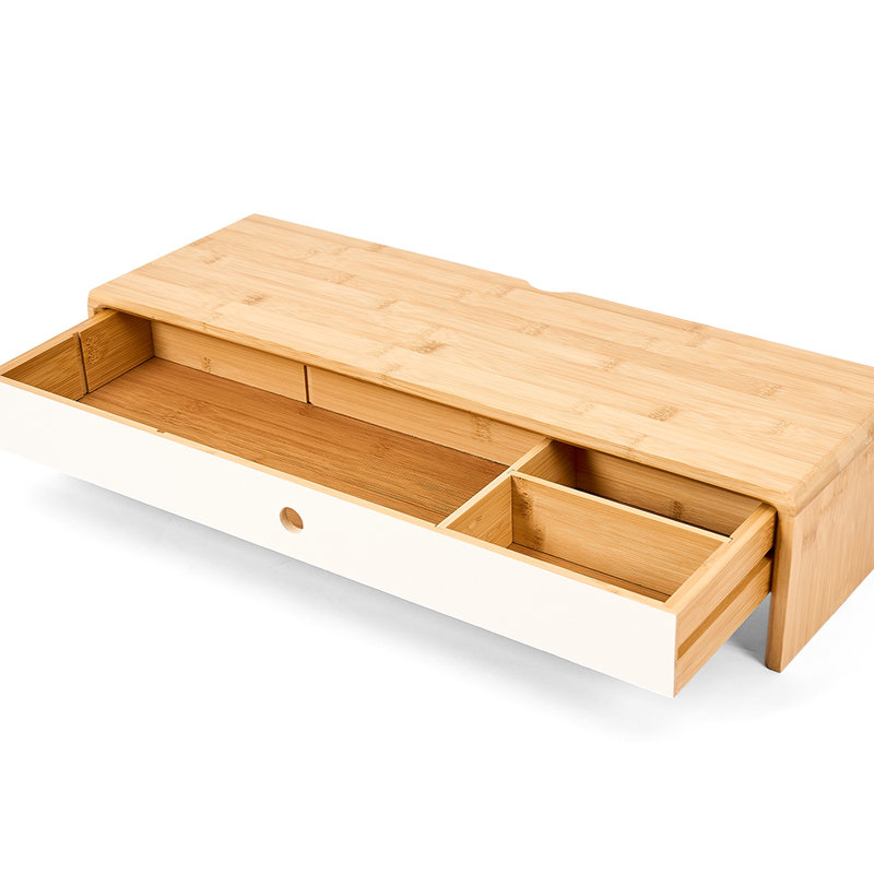 Natural Bamboo Computer Monitor Stand Ostos Riser For Desk With 2 Storage Drawers