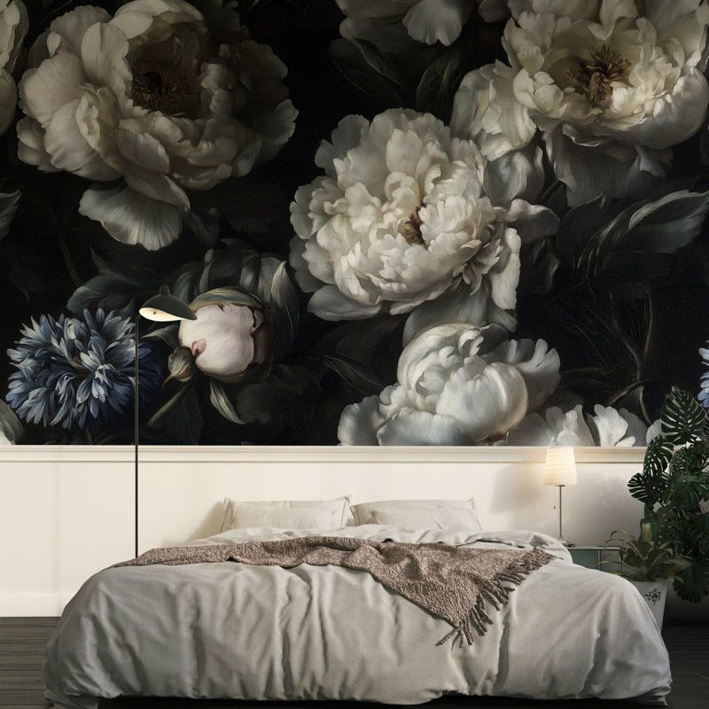 Papier peint botanique floral foncé, L 140 po x L 108 po