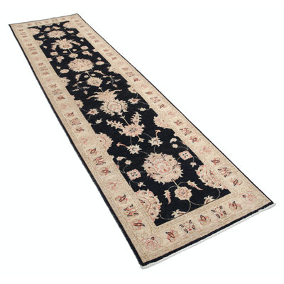 Tapis de couloir noué à la main 2,7 x 9,7 pi pour couloir, tapis de couloir en laine noir, tapis d'escalier et tapis de cuisine floral