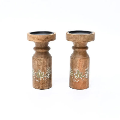 Rustic Wooden Candle Holder Set, 6" & 8" Mango Wood Pillar Holders With Hand-Painted Leaf Design For Tabletop Display 1.87 Lbs