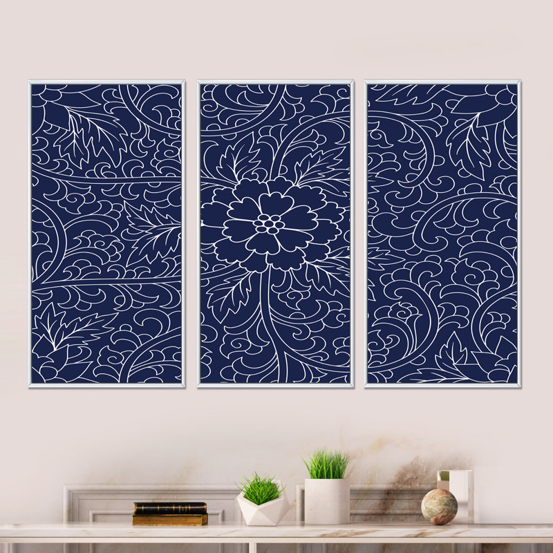 Motif chinois bleu foncé - ensemble d'art moderne sur toile encadrée moderne de 3, H 20 po x l 36 po x P 1 po, Blanc