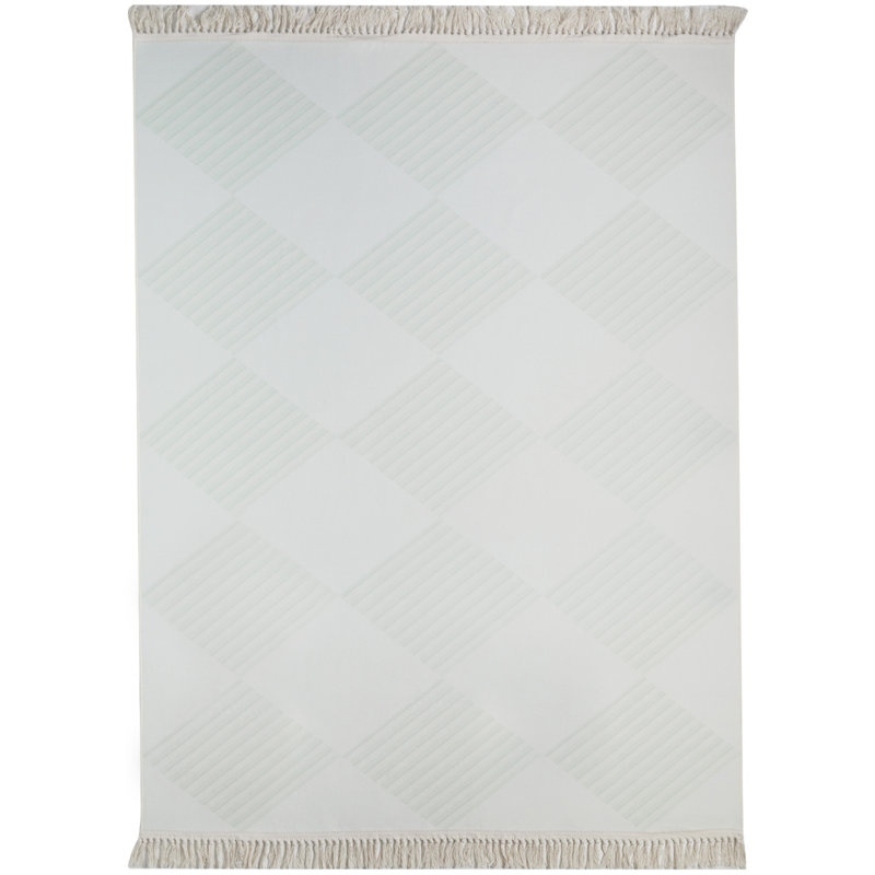 Simple Fresh Square Pattern Non-Slip Bottom Cotton Fabric Soft Tender Green Carpet Fringed Area Rug, Rectangle 4'9" x 6'9"