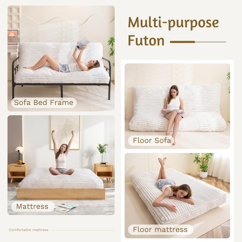 6 Inches Futon Mattress Full Size, Thick Futons Sofa Bed Couch, Floor Mattress for Adults, Shredded Foam Filling, Beige