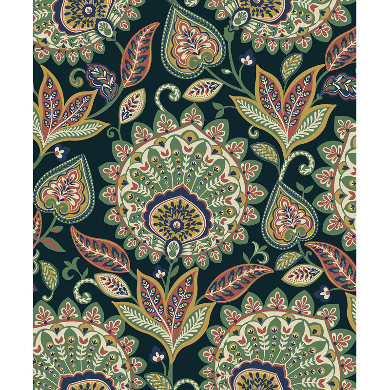 Manhart Non-Pasted Floral Wallpaper Roll, Black/Red/Green/Gold/Cream