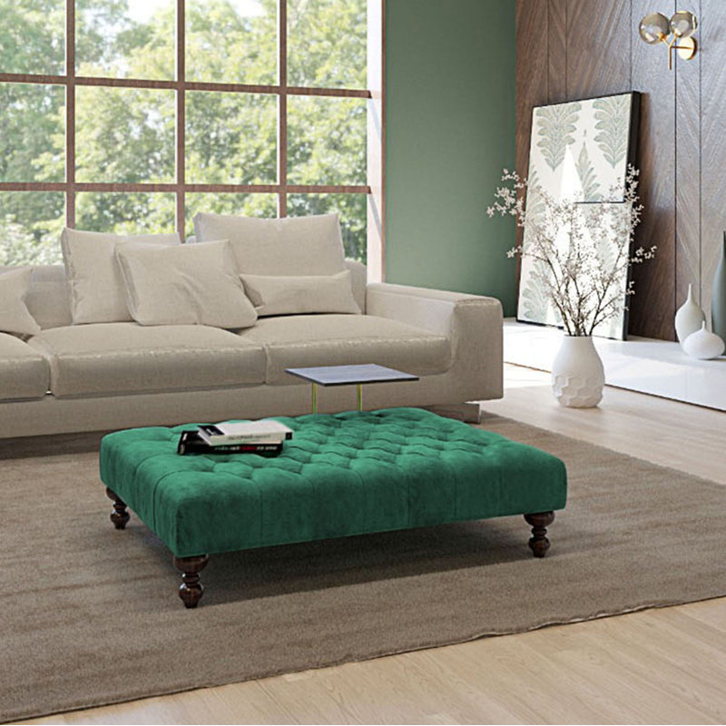 Ainura 80cm Wide Velvet Tufted Rectangle Solid Colour Cocktail Ottoman, Bottle Green, Brown/Nut