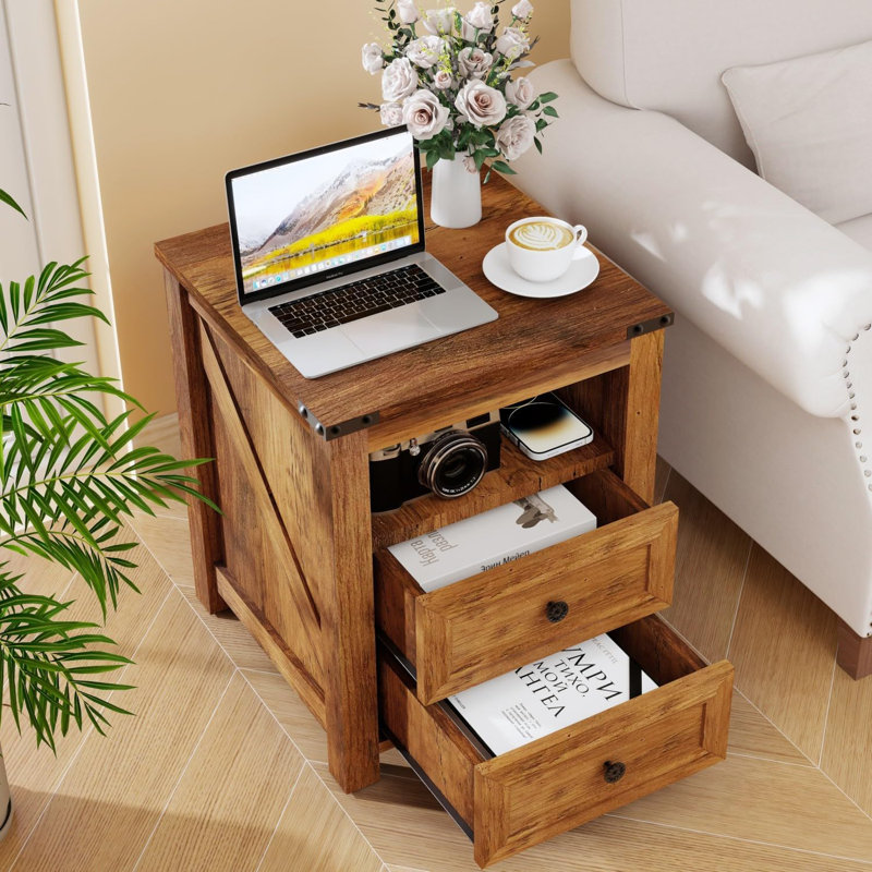 Table de chevet moderne à 2 tiroirs en bois avec dispositif de chargement, avec espace de rangement ouvert, Brun, Individuel