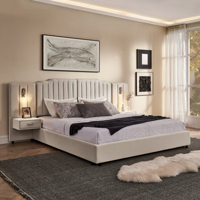 Très grande base de lit tapissier avec tissu en velours, motif à rayures verticales, tête de lit intégrée et table de chevet intégrée - aucun sommier requis.