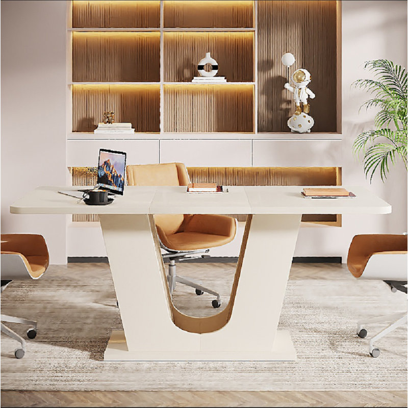 55" White Conference Table, Rectangle Small Meeting Table Seminar Table for 4-6 People