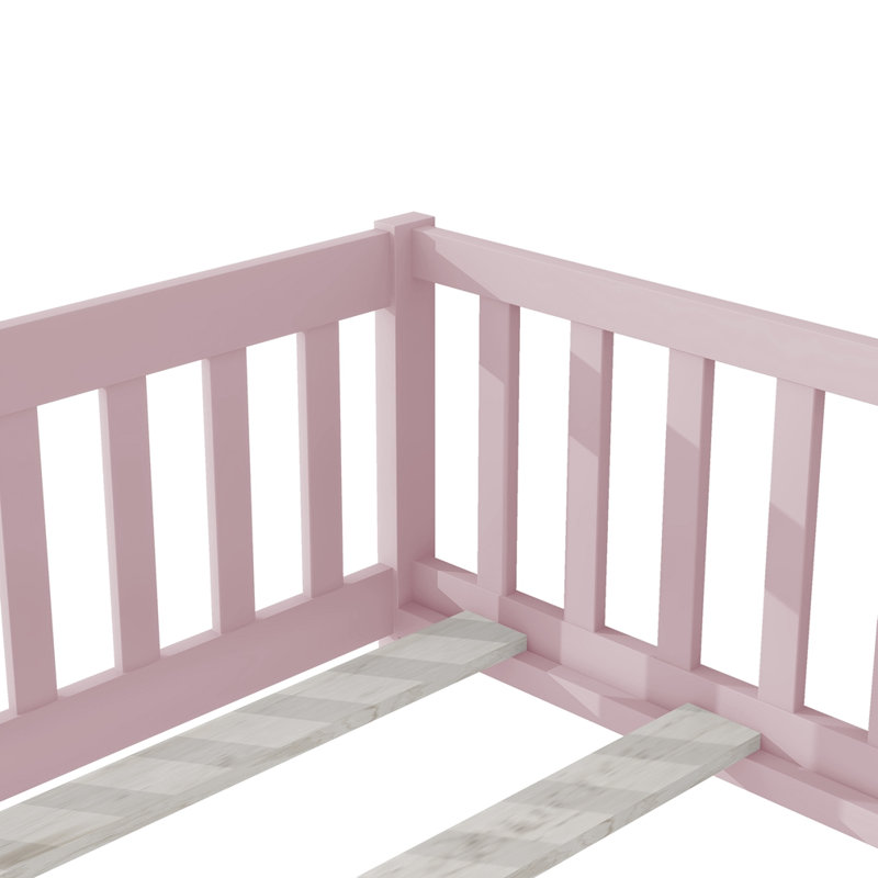 Lit simple en bois d'hévéa avec clôture et porte, Pink