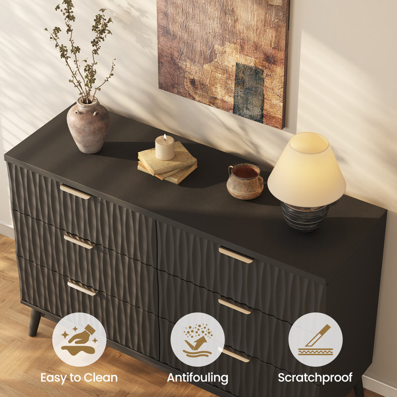 Adkins 6 - Drawer Double Dresser, 47.2" W Fluted Design Wood Wide Chest Of Drawers, Black