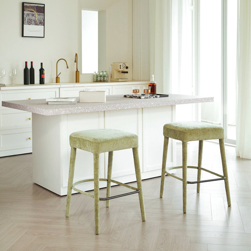 Tabouret de bar rembourré en tissu vert clair sans dossier, Vert, Vert
