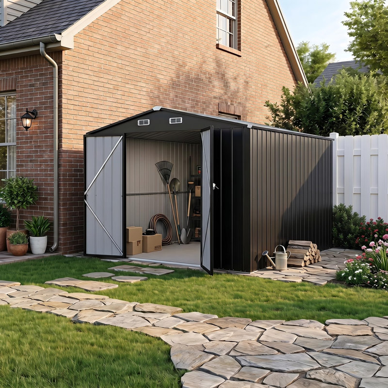 Remise de rangement extérieure en métal galvanisé 10 pi x 12 pi avec portes doubles, Noir