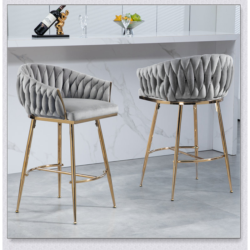Ensemble de 2 tabourets de bar 26 po à hauteur de comptoir, tabourets de cuisine en velours avec dossier ondulé à la main et sièges confortables