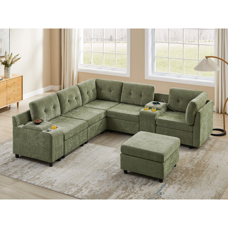 Canapé modulaire en chenille avec console de rangement Chenille, Polyester vert
