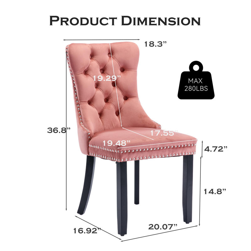 Chaise de salle à manger en velours avec anneau à dossier et pieds en bois massif, 2, Rose, Noir