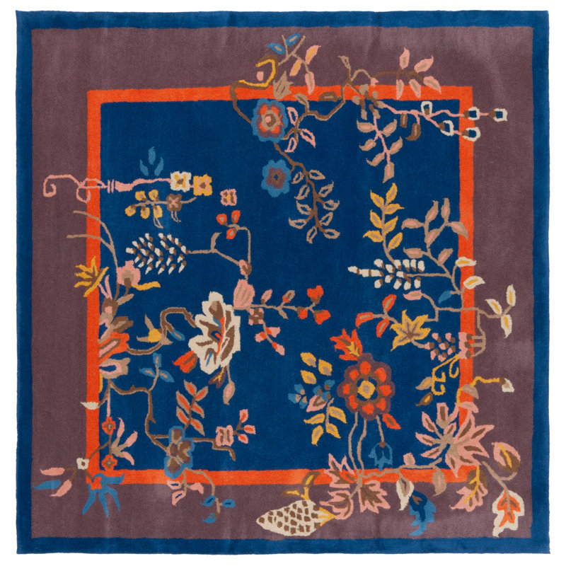 Seydou Hand Tufted Wool/Cotton Floral Rug in Navy/Brown, Square 6'