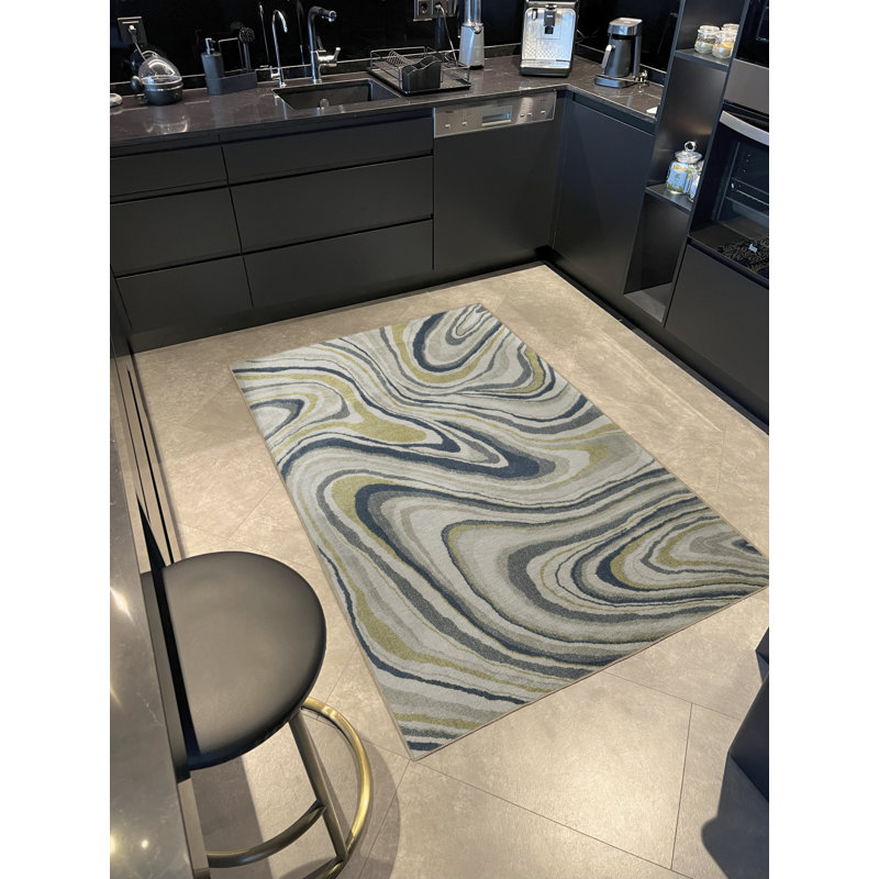 Tapis décoratif moderne bleu à motif abstrait, Tapis de couloir 3 pi 3,37 po x 9 pi 10,11 po
