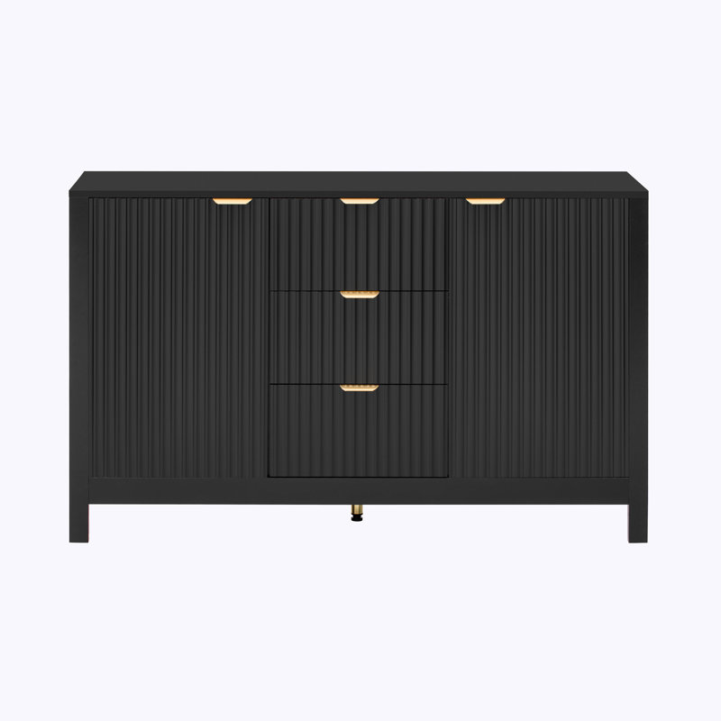 Wave Design Sideboard Storage Console Table with Adjustable Shelves, 3 Drawers & Soft-Close Doors, Black