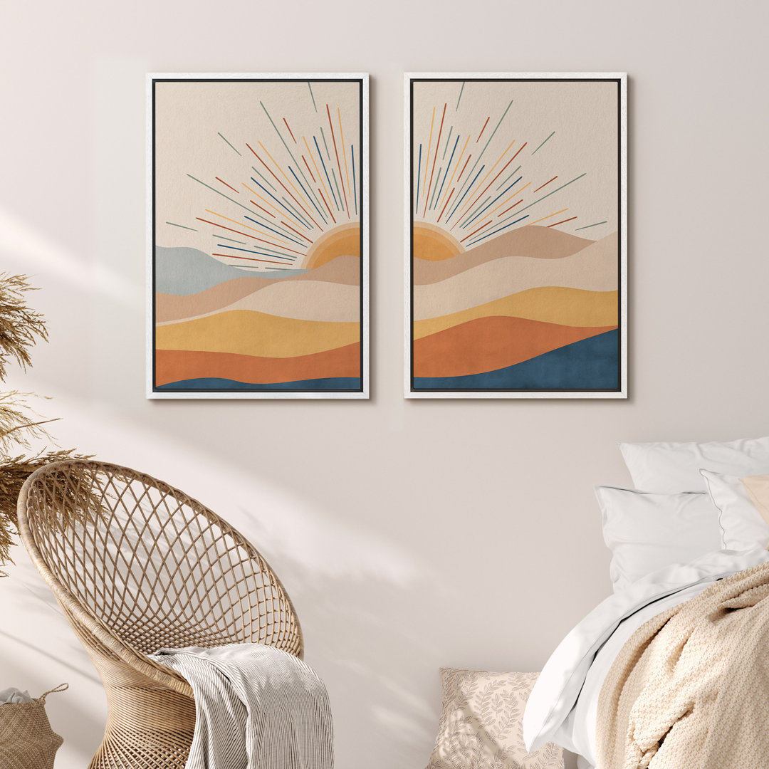 Sun And Moon Western Desert Sunrise Mid Century Modern Framed Canvas 2 Piece Painting Print Wall Art IDEA4WALL Frame 