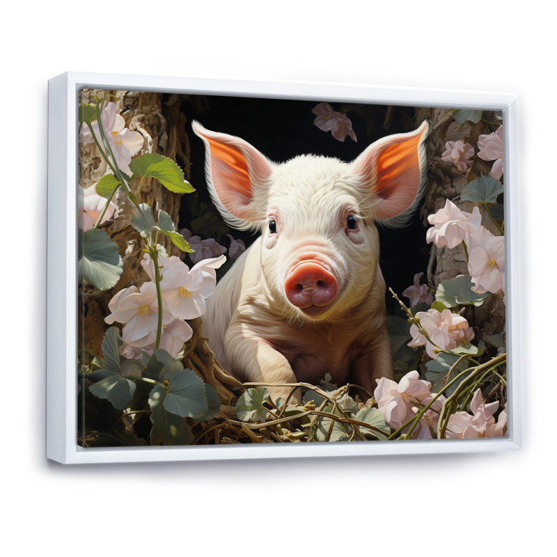 Cute Pig Playing In Flowers II - Animals Wall Decor, H 34 po x l 44 po x P 1,5 po, Cadre flottant blanc