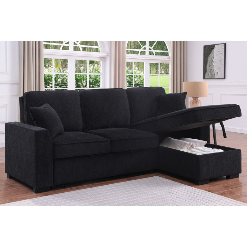 Elfrieda Boneless 92" W Reversible Sleeper Sectional with Storage, Black Chenille 