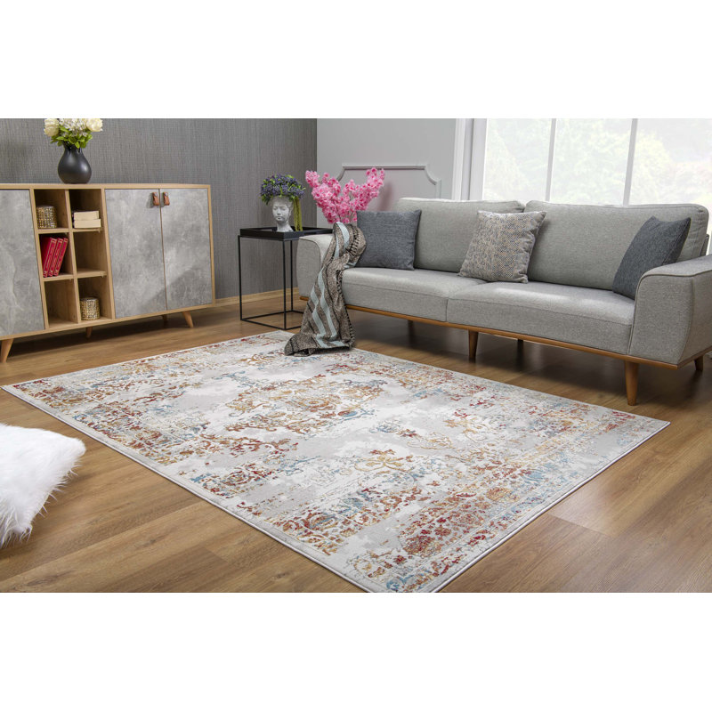 Tapis à motif abstrait gris / rouge 7 pi x 10 pi (6 pi 6 po x 9 pi 6 po) Seraphin
