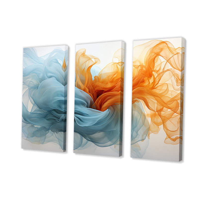 Encre liquide orange vif et turquoise III, 3 pièces, H 40 po x l 60 po x P 1 po