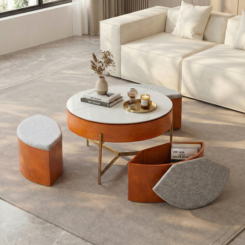 Lift-Top Round Coffee Table with Storage Stools – Sintered Stone & Walnut Veneer