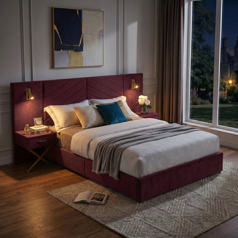 Lit plateforme tapissier Modern, Queen, Burgundy Purple