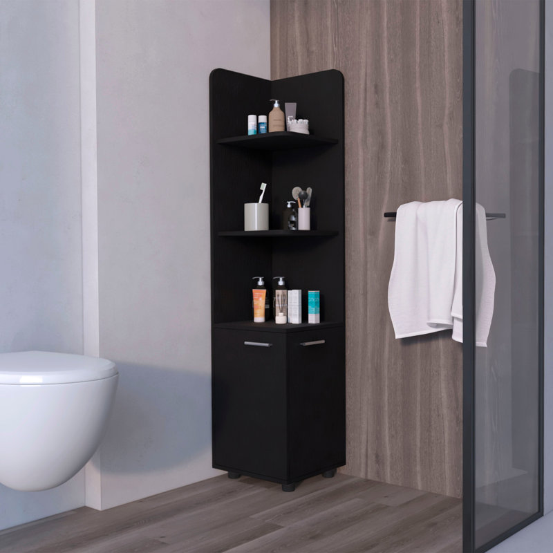 3 Corner Shelves Black Cabinet For Bathroom 2-Door - Standing Freely With Legs 2 Doors And In Freestanding