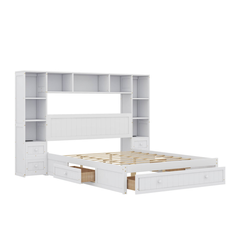 Lit plateforme avec 2 tables de chevet intégrées, une étagère de rangement, une bibliothèque avec armoire et 3 tiroirs, Grand