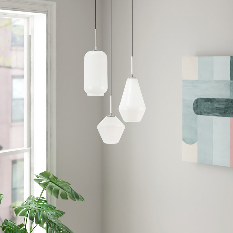 Luminaire suspendu géométrique à 3 lumières Vandyke, Chrome, Blanc givré