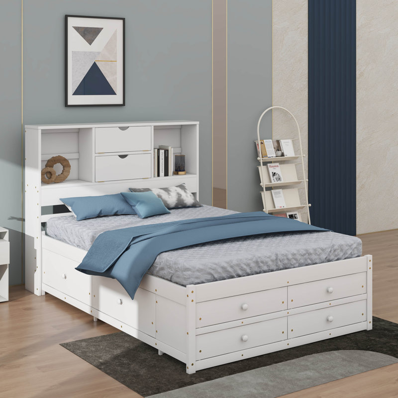 Grand lit plateforme avec tête de lit et tiroirs de rangement, Blanc