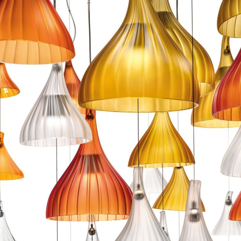 Lustre cylindrique à DEL Murano Sintesi Aura, Transparent, 53" Width x 51" Depth x 84" Height, Laiton marbré