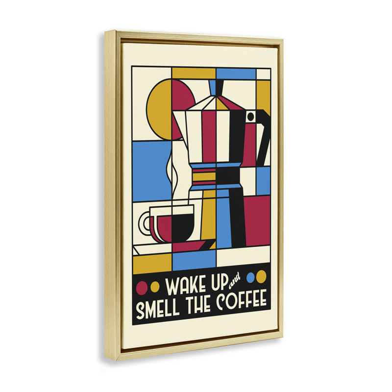 Cadre flottant rétro Wake Up & Smell Coffee, design par Tobe Fonseca, Cadre flottant métallique doré, H 25 po x l 17 po