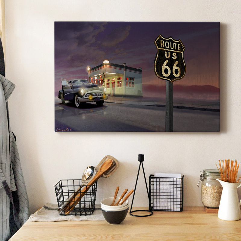 Route 66 - Toile tendue avec châssis de qualité supérieure - prête à être accrochée, H 40 po x l 60 po