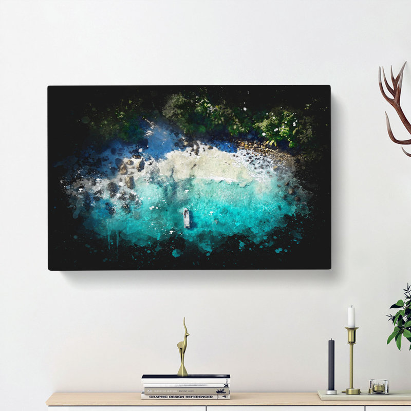 Boat by a Beach in the Seychelles Paint Splash - Wrapped Canvas, 50cm H x 76cm W x 3cm D