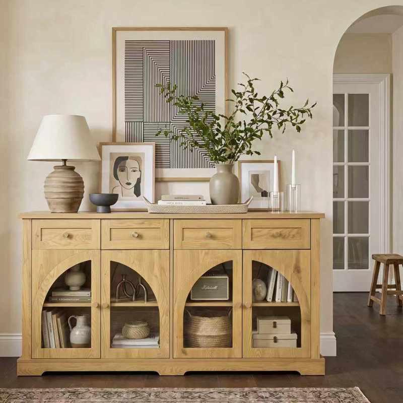 Buffet 60 po avec 4 portes en verre arquées et tablettes réglables, Natural