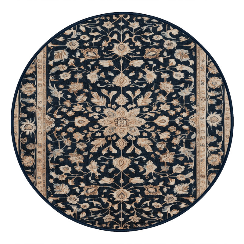 Tapis bleu turc lavable à la machine, Rond 5 pi