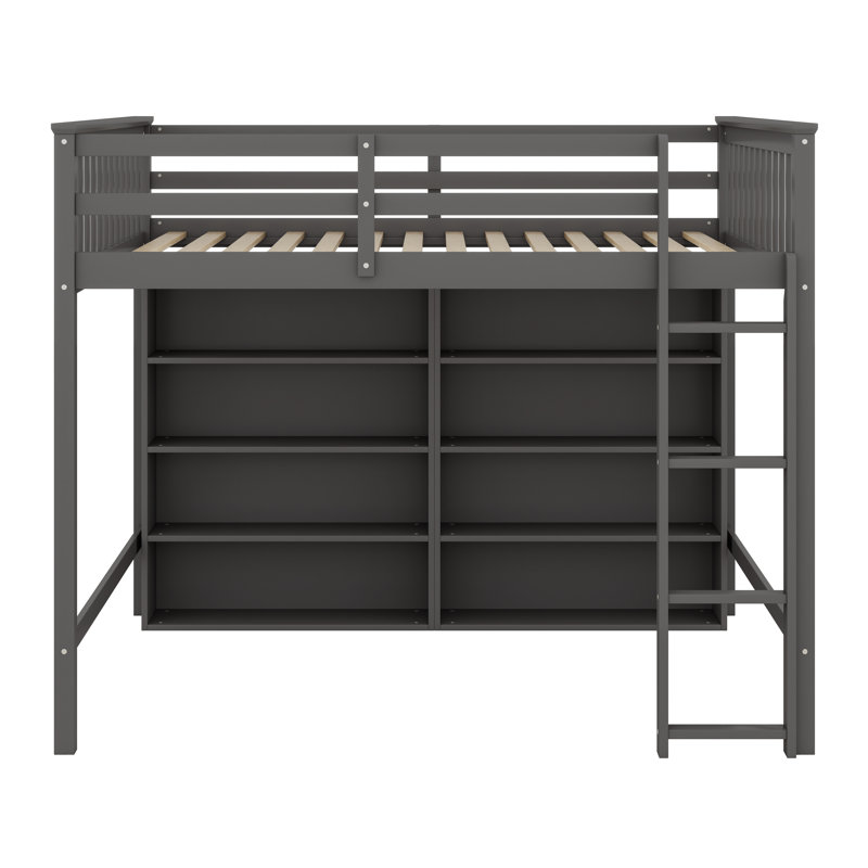 Lit mezzanine en bois massif avec 8 tablettes de rangement ouvertes, échelle intégrée, Gris