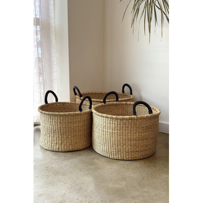 S/3 Handwoven Short Hampers with Leather Handles