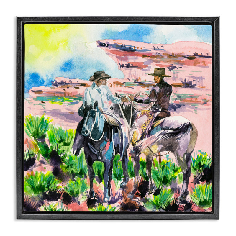 «Sunny Canyon Cowboys», art mural sur toile flottant gris par Melissa Wang, Cadre flottant noir de jais, H 18 po x l 18 po
