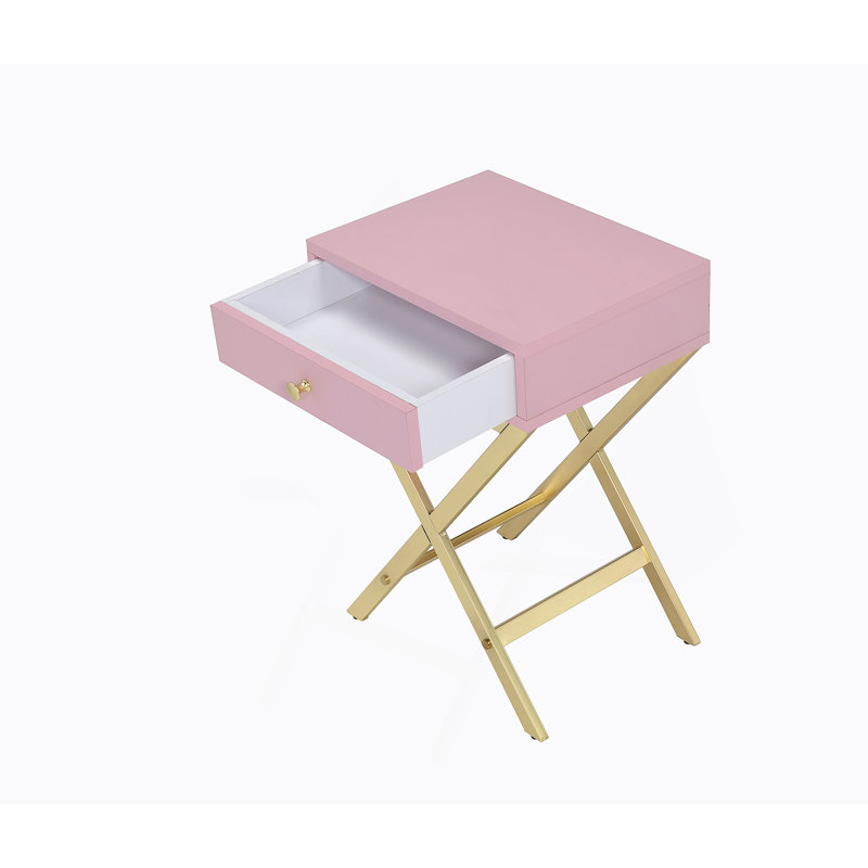 Justine Contemporary Rectangular 1-Drawer Accent Table with Metal "X" Shape Base, Pink, Gold