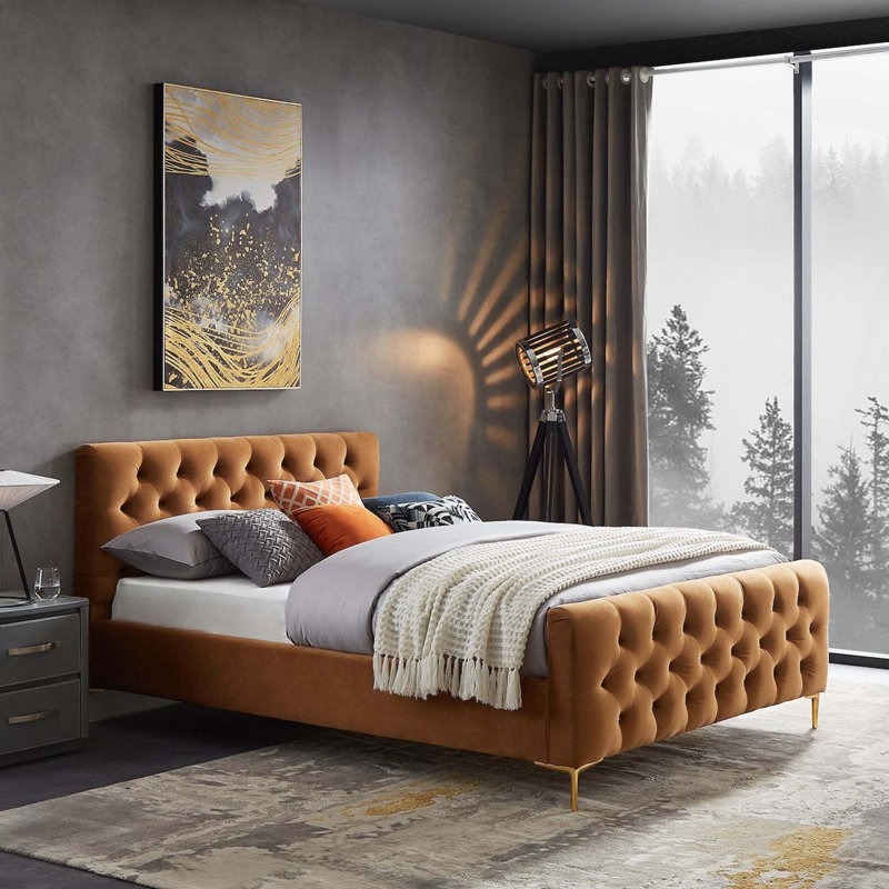 Luxueux design capitonné, lit minimaliste moderne, Cognac, Grand