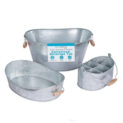 BirdRock Home Galvanized Beverage Tub, Caddy and Tray Set - 3 Piece - Party Tray Platter Drink Holder - Silverware Caddy - Wooden Handles