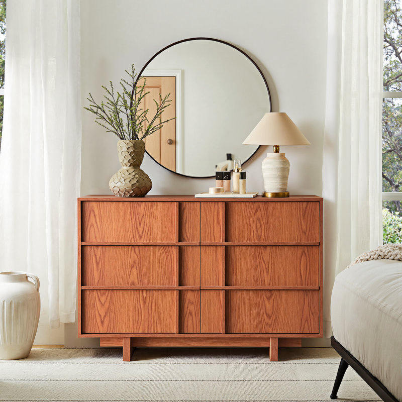Commode 6 tiroirs, commode moderne Mid-Century avec rangement, commode de 47 po de largeur avec ligne squelette et texture grain de bois, meuble télé minimaliste pour chambre à coucher, salon, cerisier